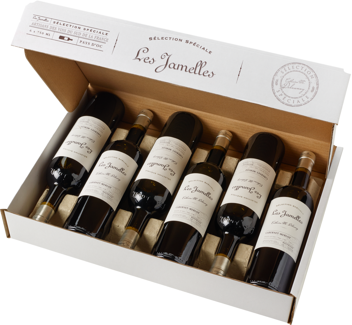Les Jamelles Cabernet Merlot Pays d’Oc IGP Sélection Spéciale 2024 Rotwein Kiste 6 x 75 cl / 14 % Frankreich – Produktansicht