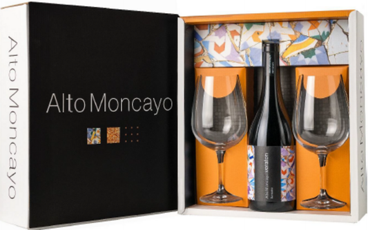 Bodegas Alto Moncayo Campo de Borja D.O. Veraton Geschenkpaket mit Gläsern 2022 Rotwein 75 cl im Geschenkkarton / 16 % Spanien – Flasche