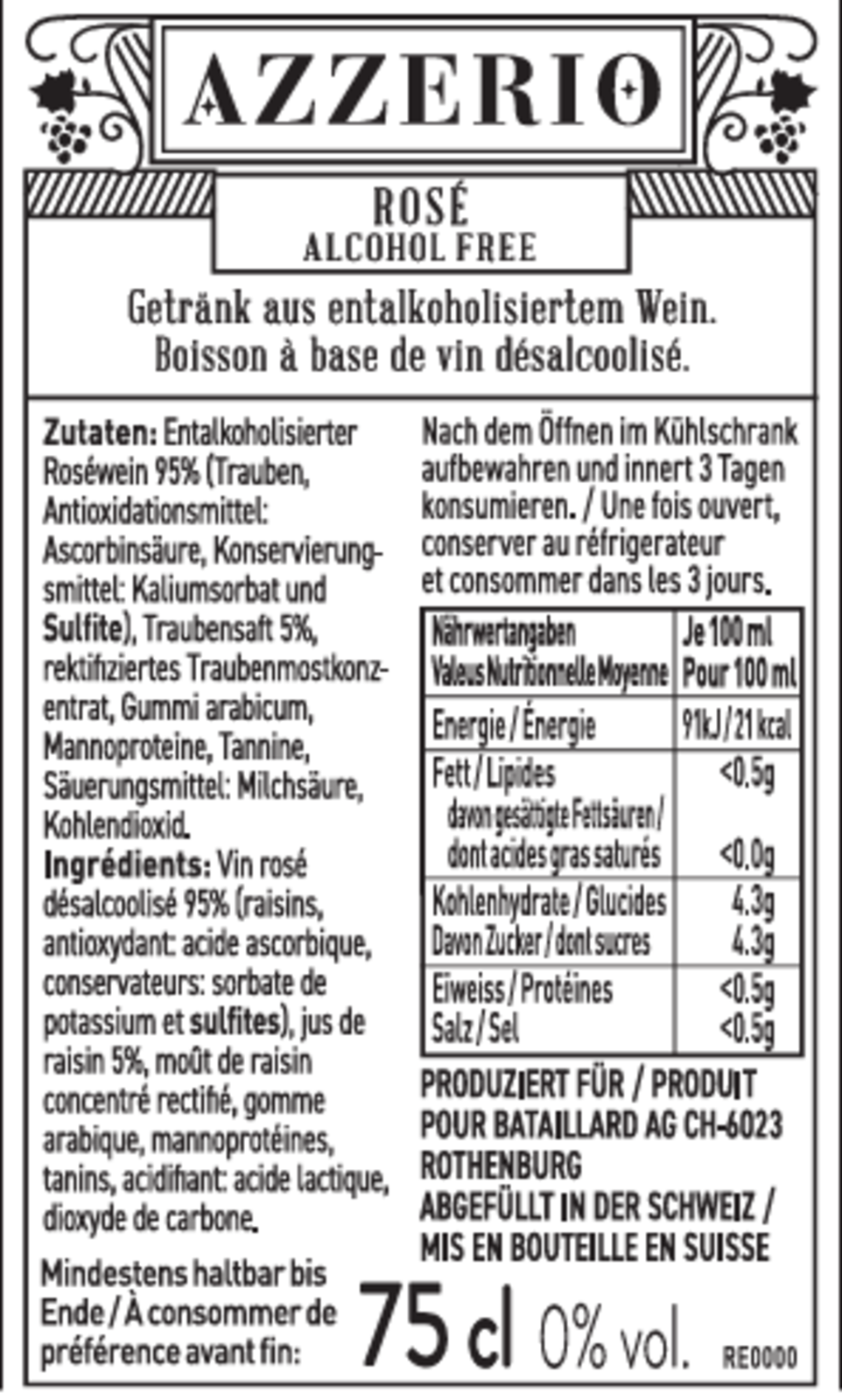 AZZERIO Still Rosé 0% alkoholfrei Kiste 6 x 75 cl Deutschland – Flasche