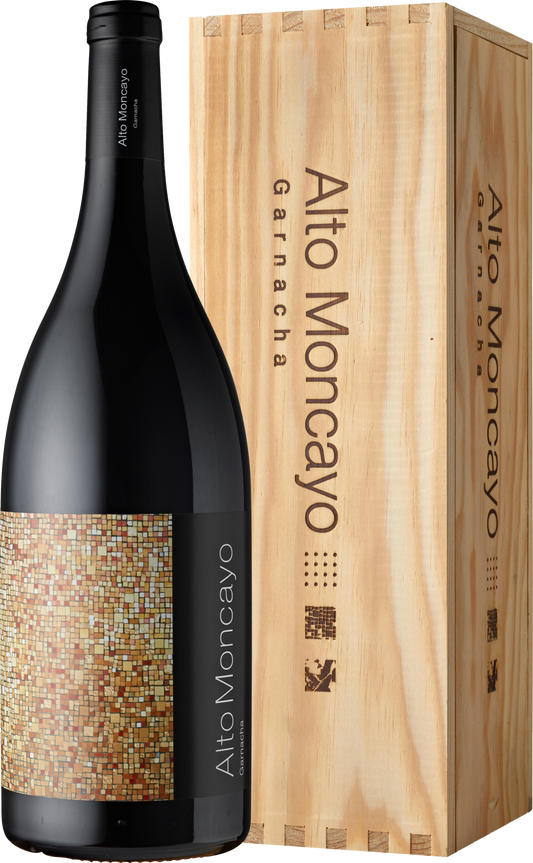 Bodegas Alto Moncayo Campo de Borja D.O. Alto Moncayo 2019 Rotwein 150 cl Magnum in Holzkiste / 16 % Spanien – Flasche