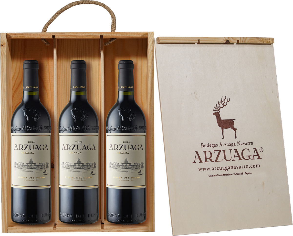 Bodegas Arzuaga Ribera del Duero D.O. Arzuaga Trio Rotwein Geschenkset 3 x 75 cl in Holzkiste Spanien – Flasche