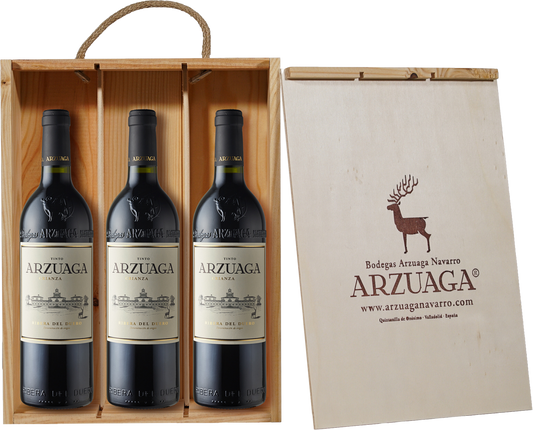 Bodegas Arzuaga Ribera del Duero D.O. Arzuaga Trio Rotwein Geschenkset 3 x 75 cl in Holzkiste Spanien – Flasche