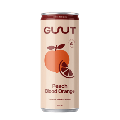 GUUT Prebiotic Soda Pfirsich Blutorange Kiste 24 x 330 ml Schweiz – Vorderansicht