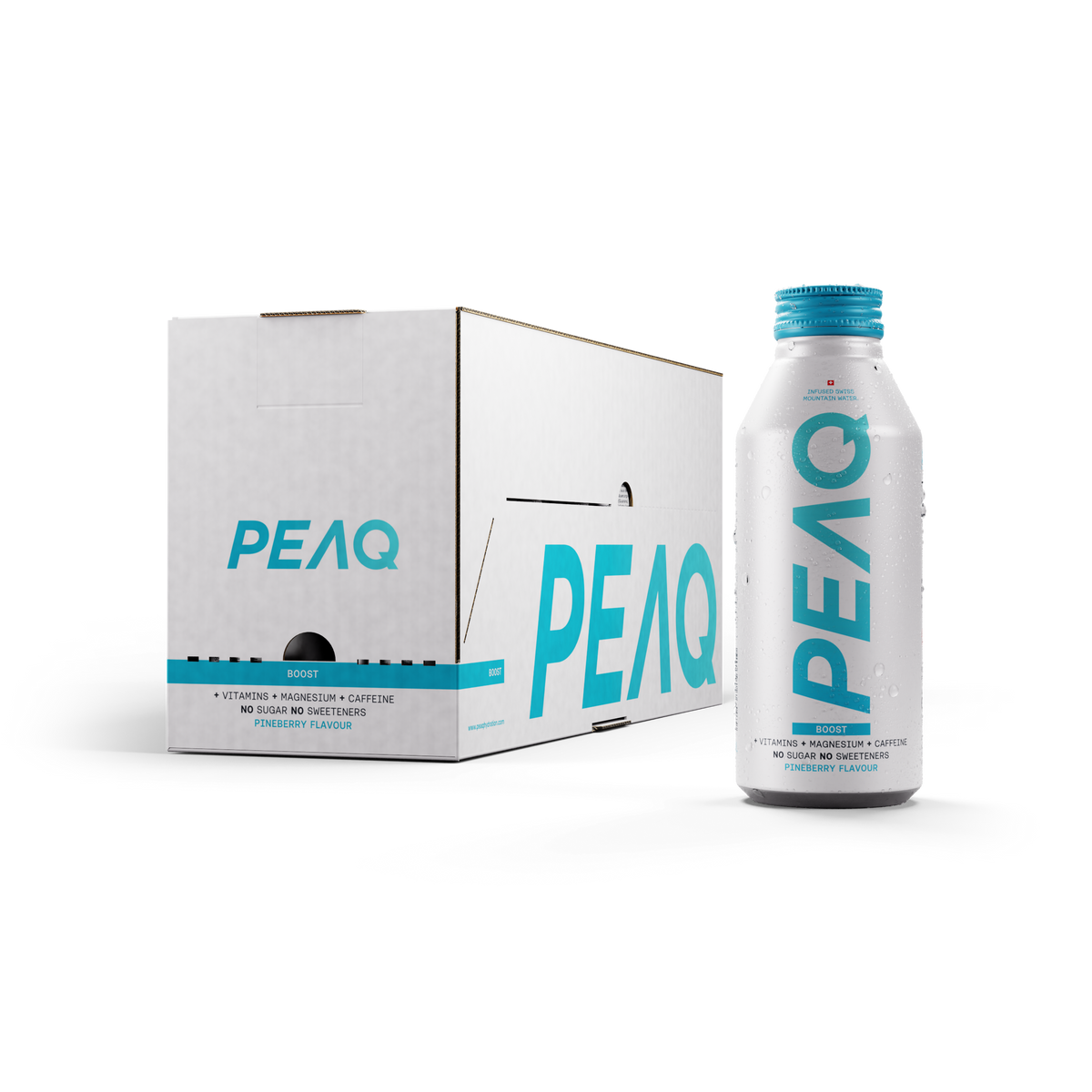 PEAQ BOOST Pineberry Swiss Performance Water Kiste 12 x 473 ml Schweiz – Ansicht Gebinde